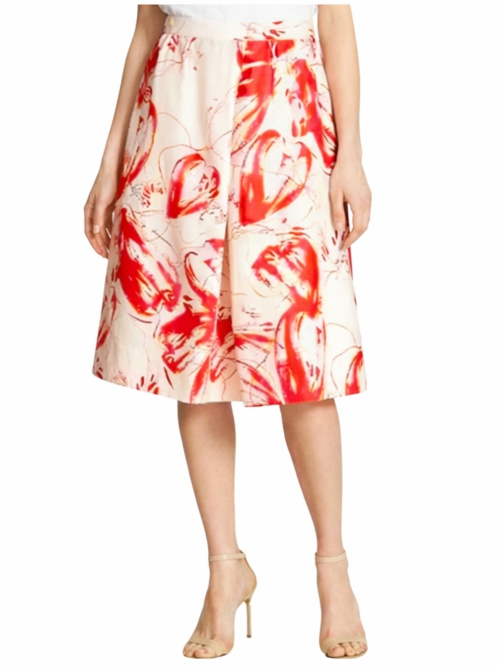 Classiques Entier Silk Linen Floral A-Line Skirt Red Cream Size 14 Below Knee - Picture 10 of 10